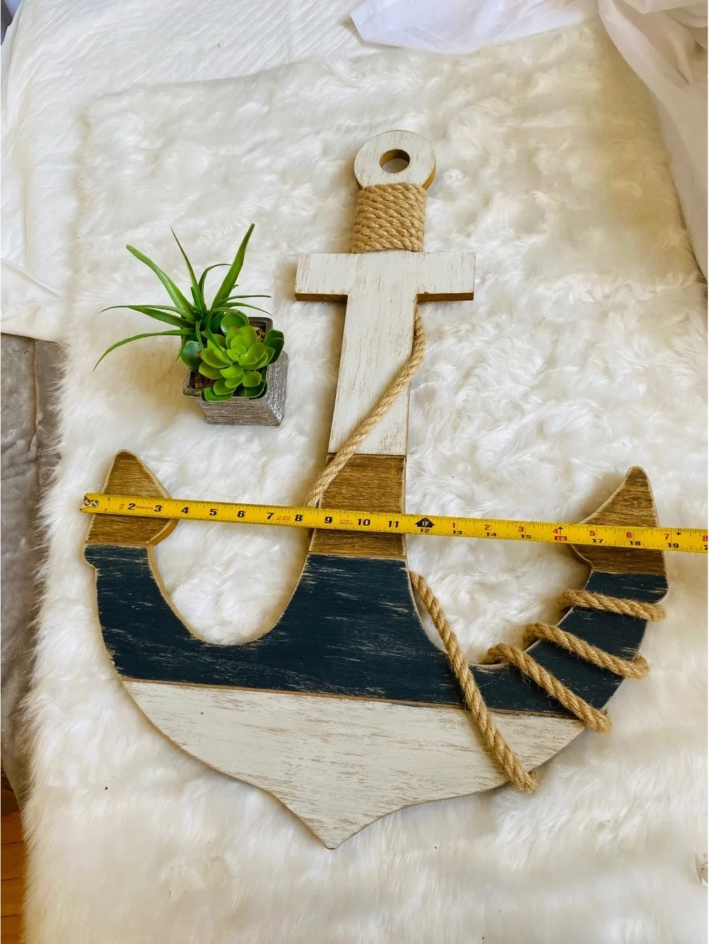 Nautical Wooden Anchor Wall Decor Rope Accent White Blue